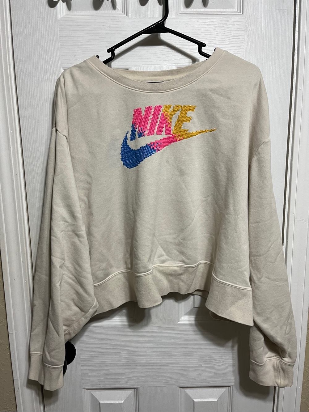 Nike Women's Cream Cropped Sweatshirt with Multicolor Swoosh Logo